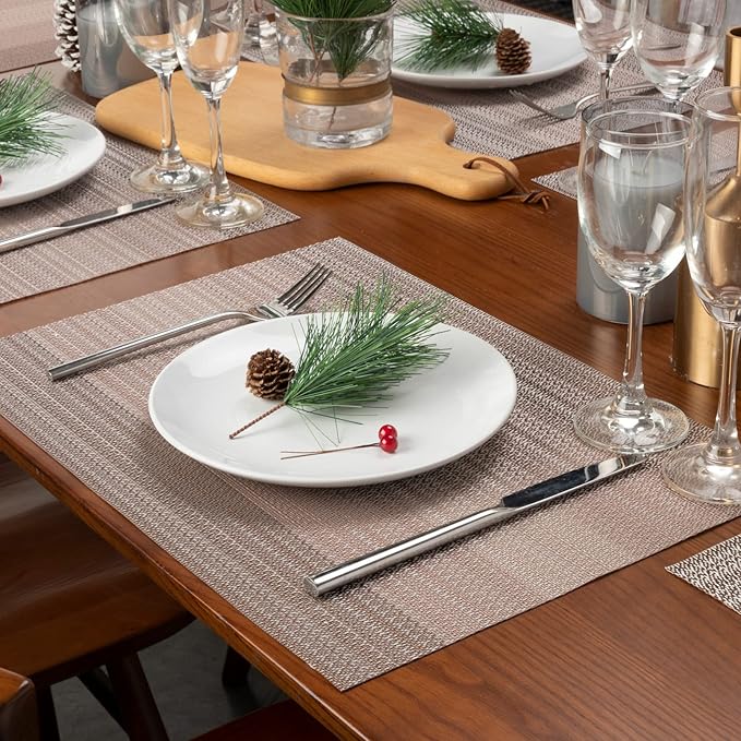 Winknowl Placemats Set of 8, Washable Vinyl Woven Placemats, Heat Resistant & Wipeable Table Mats for Kitchen Dining Table (Pink Gold)