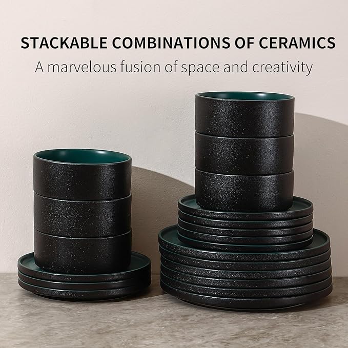 GZG Classic Series - Plates and Bowls Set for 6, 18 Piece Stoneware Dinnerware Sets, Microwave and Dishwasher Safe Lead-Free Handcrafted Ceramic Dishes Set - Malachite Green