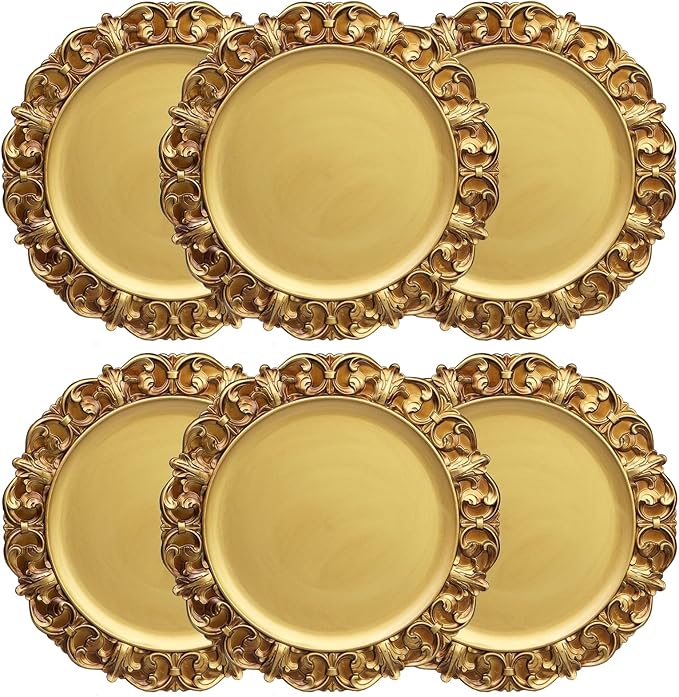 13" Antique Gold Charger Plates, Set of 6 Plastic Textured Chargers for Dinner Plates with Embossed Rim, Table Décor, Party, Wedding, Holiday