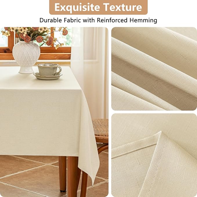 Water Resistant Beige Tablecloth for 4 ft Rectangle Table, Faux Linen Fabric Rectangle Tablecloth, Textured Rectangular Table Cloth for Dining Kitchen Party, 52 x 70 Inch