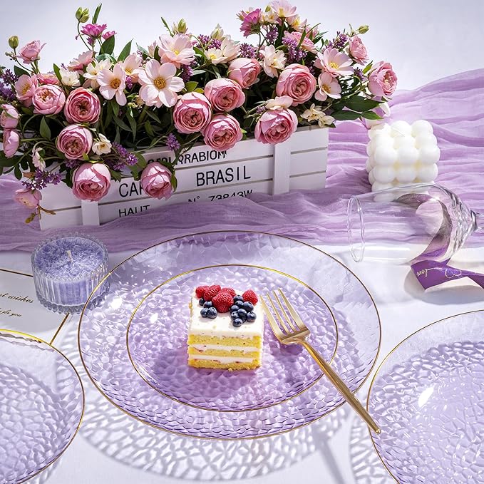 Rubtlamp 100Pcs Purple Gold Plastic Dessert Plates, 7" Purple Disposable Appetizer Plates With Gold Rim, Heavy-duty Party Salad Plates, Hammered Plastic Clear Dessert Plates for Wedding