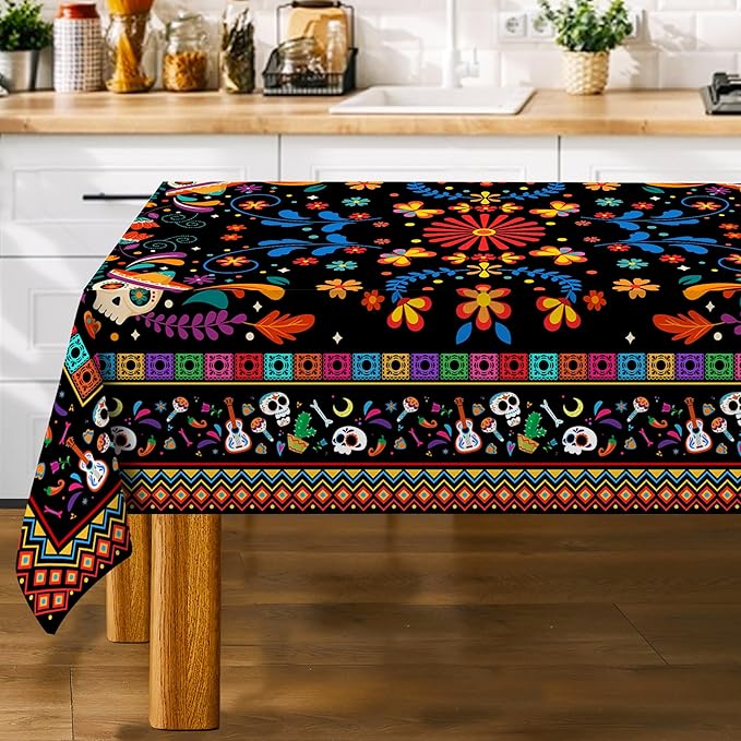 Mexican Tablecloth Rectangle 60 x 84 Inch, Cinco De Mayo Flower Skull Table Cloth Fiesta Indoor Decorations for Dining Room Party