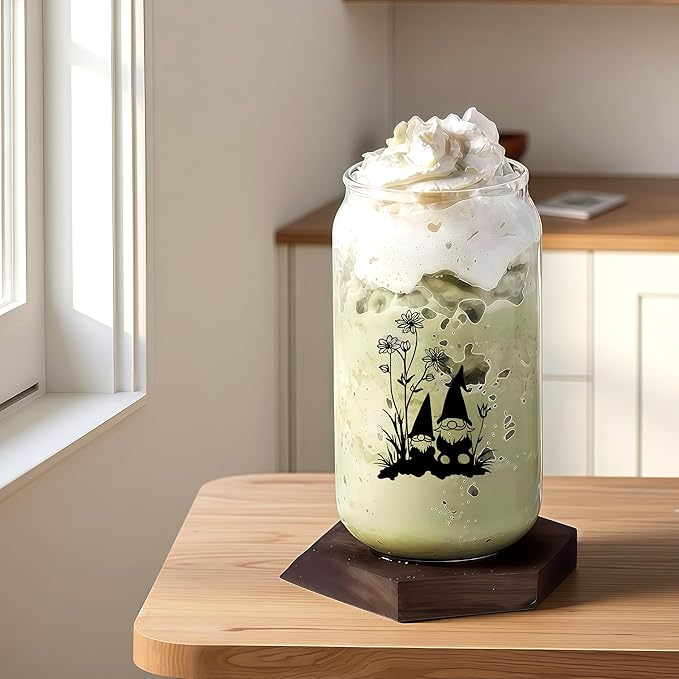 Cute Gnomes Glass Cup With Lids And Straws, Gnomes Gift For Women, Iced, Coffee, Smoothie, Cocktail, Beer, Whiskey, Soda, Matcha,16 Oz, Home Office Table Desk Decoration!