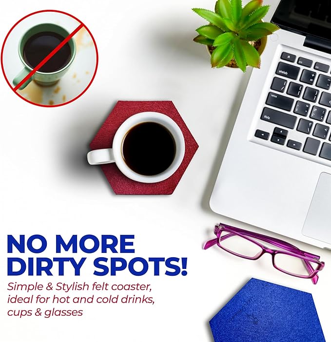 A&A Wonders Premium Felt Coasters for Drink, Absorbent Felt Protects Furniture, Table, Anti Slip, Absorbent, Suitable for Drinks & All Table Types (Wine Red/Royal Blue, Hexagon 6 Pack)