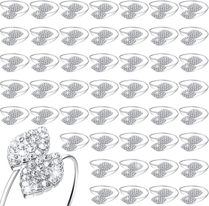 Hotop 48 Pcs Silver Holiday Napkin Rings Set Silver Bling Winter Napkin Rings Bulk Metal Leaves Holders Rhinestone Buckle for Wedding Christmas Dinner Gather Party Prom Table Decoration