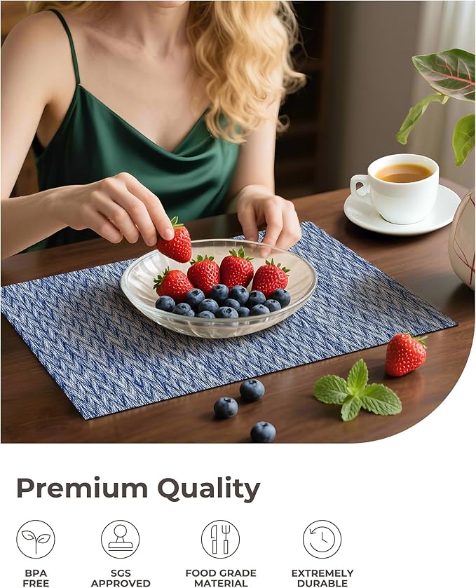 Leetaltree Blue Placemats Set of 6- Heat Resistant Non-Slip Place mats for Dining Table, Washable Durable PVC Vinyl Woven Table Mats（Blue Zigzag, 6）