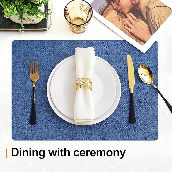 Homaxy Cloths Placemats for Dining Table Set of 4, Heat Resistant Washable Cotton Linen Blend Table Mats, Easy to Clean Place Mats for Indoor Outdoor Party Kitchen Decoration, 13" x 18", Blue