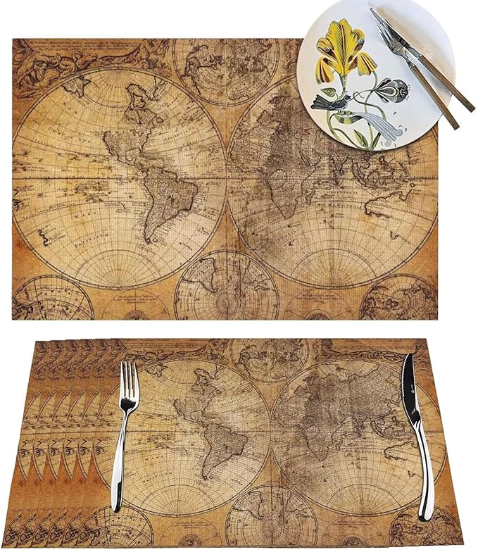 Vintage World Map Placemats Set of 4 Old Paper Retro Style Nostalgic Historical Wipeable Table Mats Reusable Washable PVC Rectangle Place Mats for Kitchen Dining Home Decor 12x18 Inches