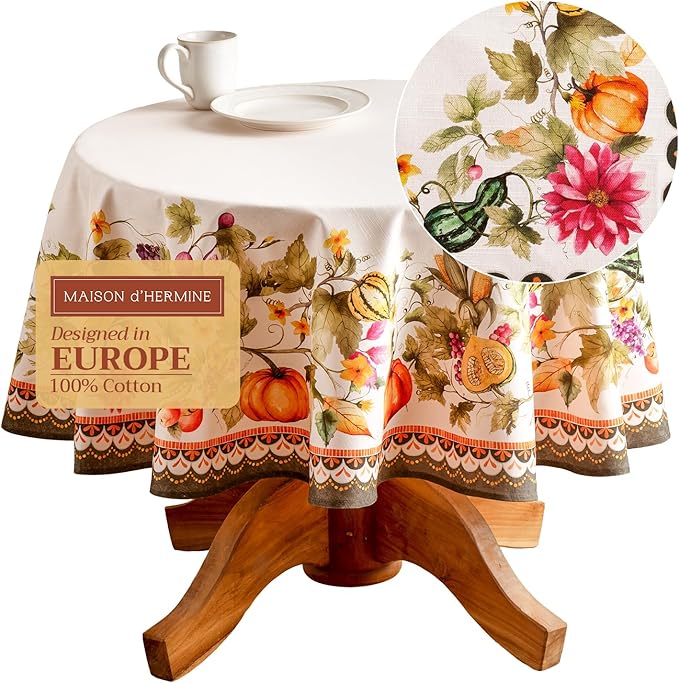 Maison d' Hermine Table Cloth Round Table 100% Cotton 69 Inches Fall Tablecloth Reusable Everyday Use for Thanksgiving Christmas Decorations Dining Farmhouse Party (Pumpkin Garden - Cloudy Cream)