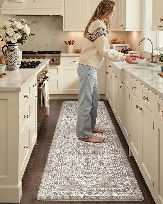Color&Geometry Kitchen Floor Mats Anti Fatigue, Cushioned Boho Rugs,Waterproof Non Slip Kitchen Runner for Sink, Standing Mats for Office,24"x87",Beige