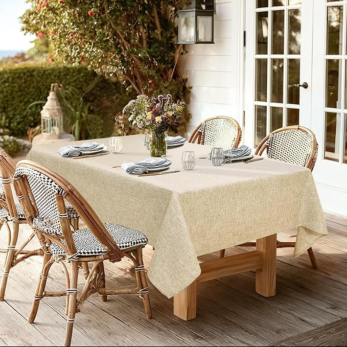 JIUZHEN Rectangle Table Cloth Faux Linen Farmhouse Tablecloth Wrinkle and Stain Resistant Decorative Fabric Table Cover for Kitchen, Dining Room, Parties and Camping, Beige, 70 x 108 Inch