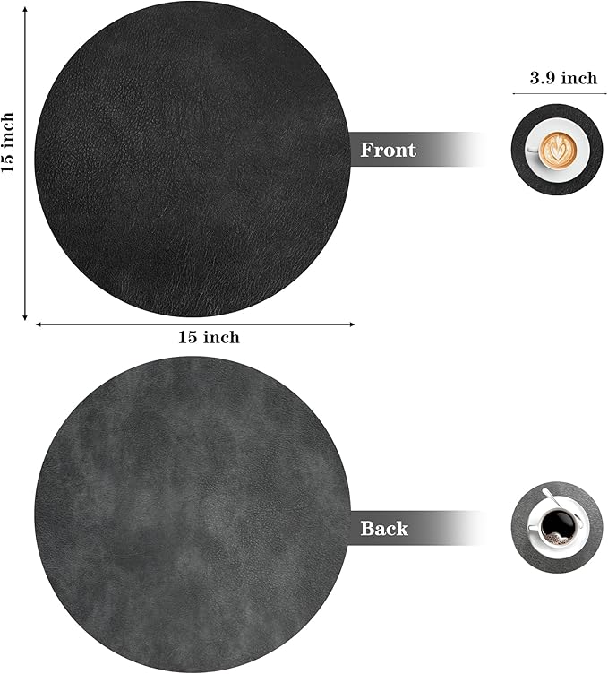 Round Placemats and Coasters Set of 8, Washable Reversible Faux Leather Placemats Cowhide Pattern Place Mats Wipeable Non-Slip 15 inch Round Kitchen Dining Table Mats (Gray Black, 8)