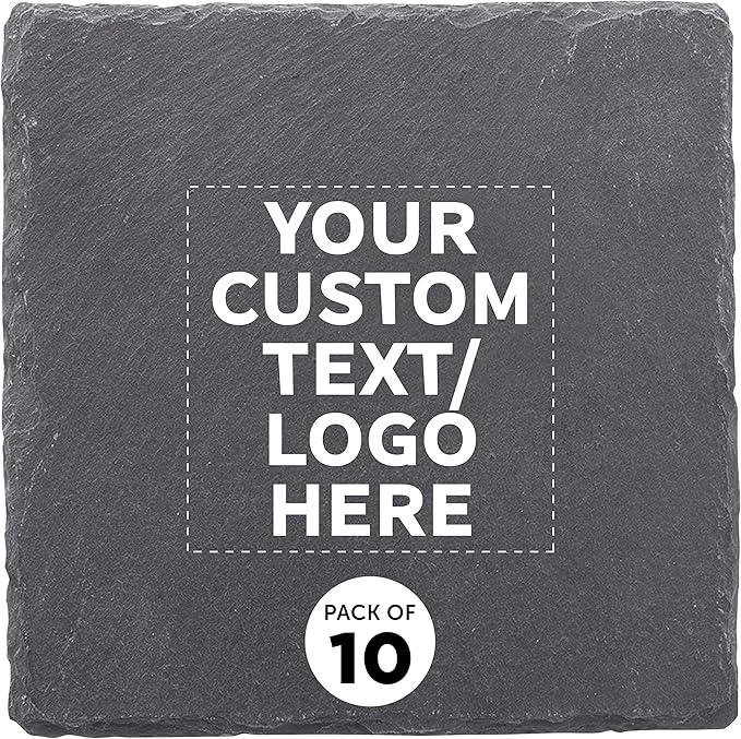 Custom Sohag Square Slate Coasters Set of 10, Personalized Bulk Pack - Table Decor, Kitchen Decor, Wedding Favors - Black
