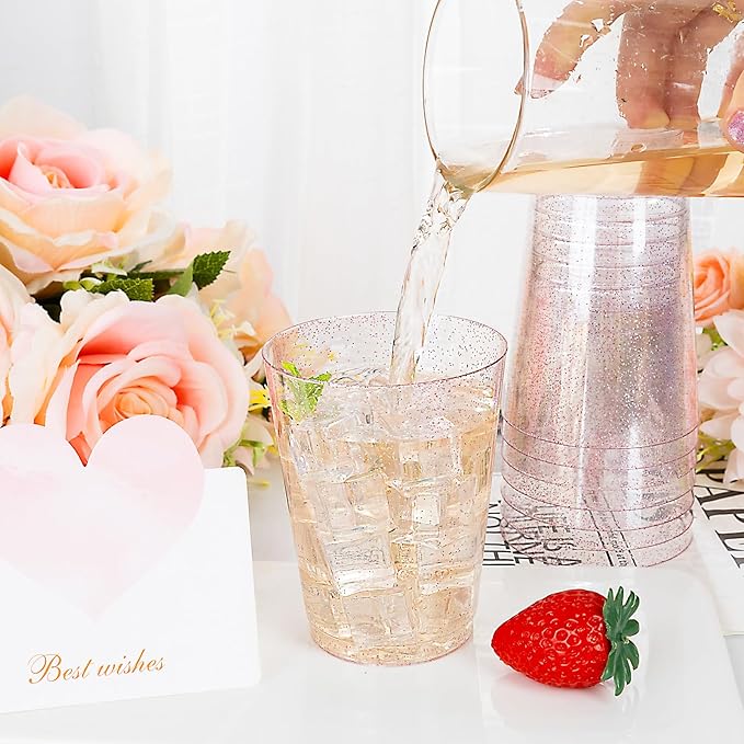 DaYammi 100 Pack 10oz Pink Plastic Cups, Premium Disposable Rose Gold Glitter Plastic Cups for Martini and Cocktail,Disposable Cup with Pink Glitter Perfect for Party Valentine's Day Mother's Day