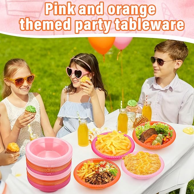 Layhit 100 Pcs Pink and Orange Disposable Plastic Bowls 12 oz Sunset Tropical Soup Dessert Salad Bowl Candy Snack Bowls Serving Supplies for Holiday Birthday Party Picnic