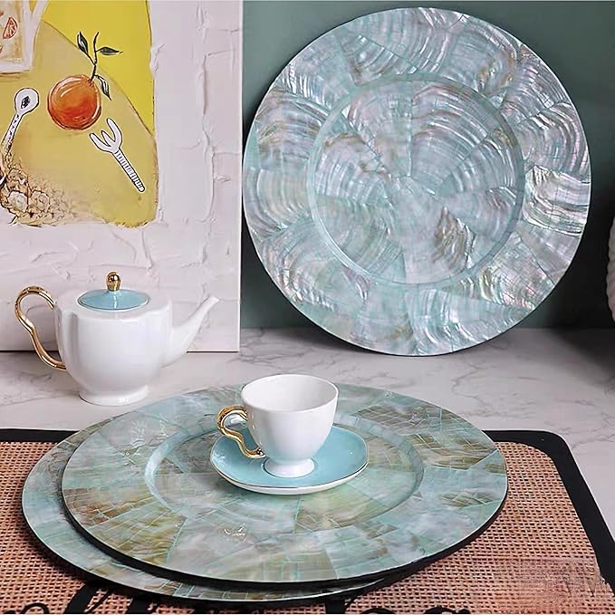 i-lan 2-Pack 13" Mother of Pearl Charger Plates – Shell-Inlaid Wooden Platters for Dining, Party & Luxury Décor – Elegant Dinnerware Placemats, Ideal Housewarming or Holiday Gift