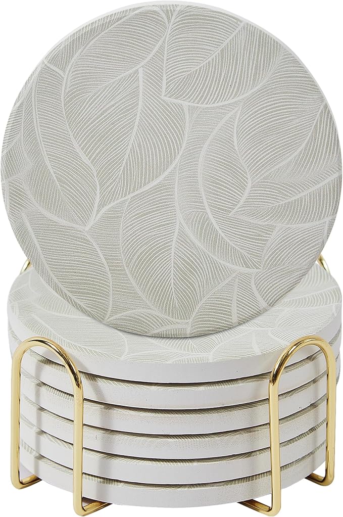 Ceramic Absorbent Coasters Set of 6 with Holder, Marble Drink Coasters for Coffee Table, Water-Absorbing Stone Coasters (Green Leaf Design)