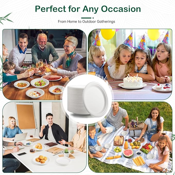 9 Inch 128 Pack Compostable Disposable Paper Plates, Dinner Plates, Heavy Duty Sugarcane Bagasse, Biodegradable Eco-Friendly, Soak Proof & Cut Resistant, Unbleached White