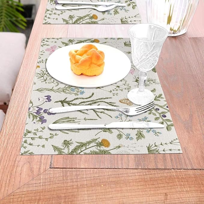 Placemats Set of 6 Vintage Wildflower Herbs Floral Rustic Butterfly Place Mats Floral Woven Table Mats Washable PVC Placemat for Dining Kitchen Decor Indoor Outdoor, 12 x 18 Inch