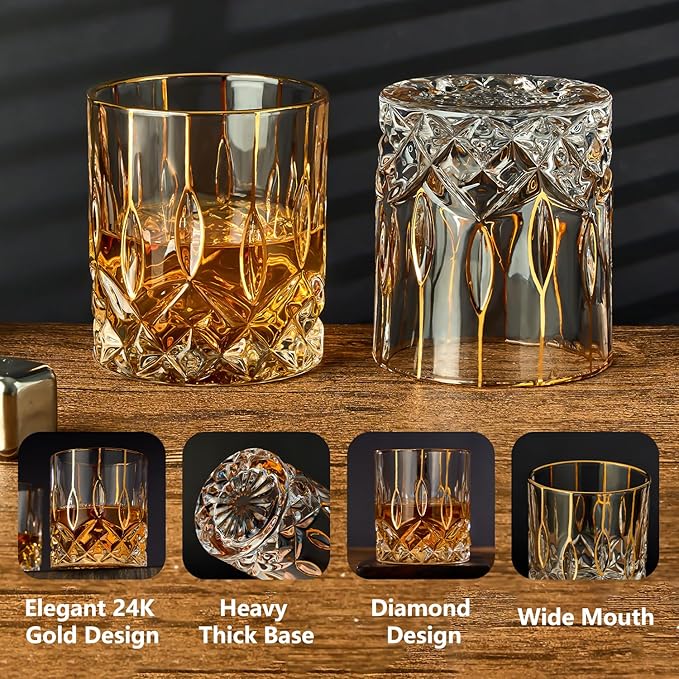 GLASKEY Gold Rim Whiskey Glasses Set of 2,Crystal Old Fashioned Glasses-Luxury Gold Collection,Perfect for Scotch Bourbon Rocks Cognac Vodka Gin Tequila Rum Liquor,Whiskey Gifts for Men