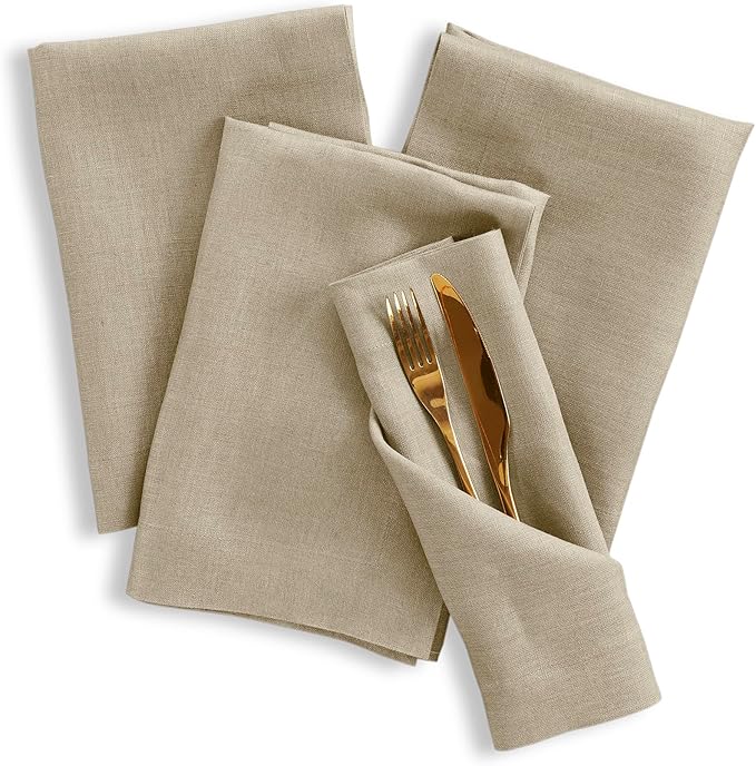Solino Home Linen Napkins Set of 4-100% Pure Linen Vintage Khaki Dinner Napkins Cloth 20 x 20 Inch for Spring, Easter - Fete, Handcrafted and Machine Washable