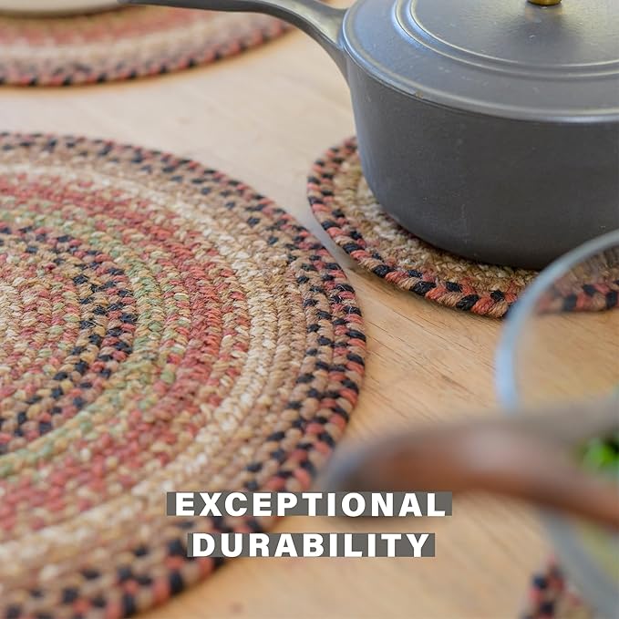 Homespice Gingerbread Premium Jute Braided Placemat Set of 4-10x15 Rectangular Multi Color Reversible, Natural Jute Yarn Rustic, Country, Primitive, Farmhouse Style