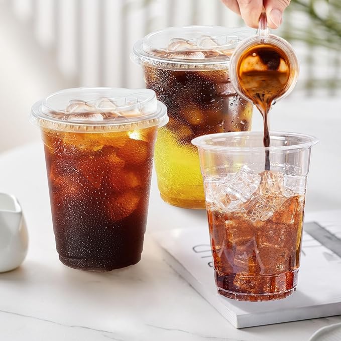 12 oz 50 Pack Clear Plastic Cups with Lids, Sturdy Iced Coffee Cups with Sip Lids, Disposable Food Safe Smoothie Cup for Cold Drinks, Juice, Milkshake