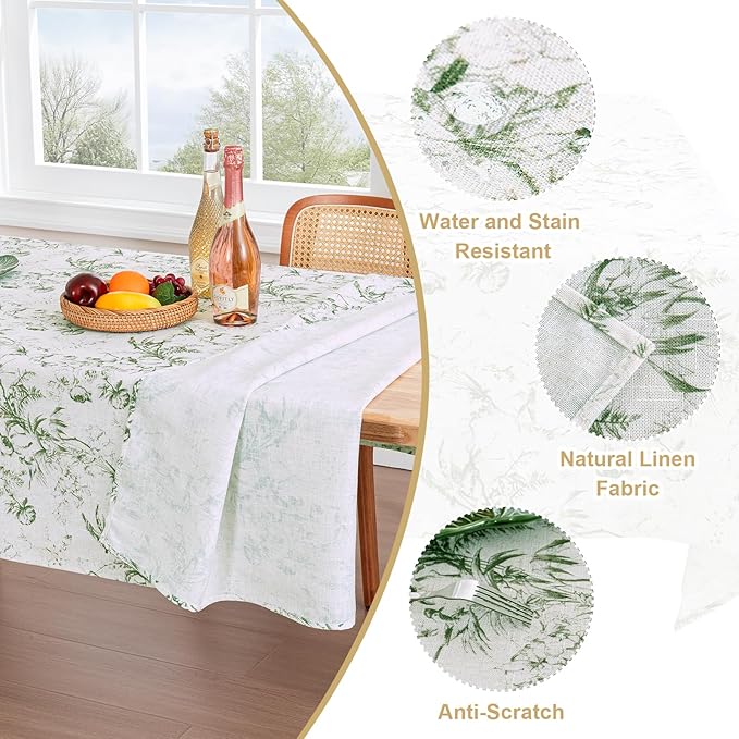 H.VERSAILTEX Linen Table Cloths Floral Printed Tablecloth Spill-Proof Waterproof Table Cover for Dining Buffet Feature Soft and Thick Fabric Wrinkle Free, 60 x 84 Inch, Vintage Botanical - Green