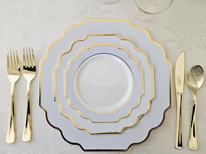 " OCCASIONS " 80 Plates Pack,(40 Guests) Heavyweight Wedding Party Disposable Plastic Plates Set -40 x 10.5'' Dinner + 40 x 8'' Salad/Dessert Plate (Imperial in White/Blue & Gold)