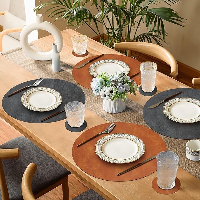 Round Placemats and Coasters Set of 4, Washable Reversible Faux Leather Placemats Cowhide Pattern Place Mats Wipeable Non-Slip 15 inch Round Kitchen Dining Table Mats (Gray Brown, 4)