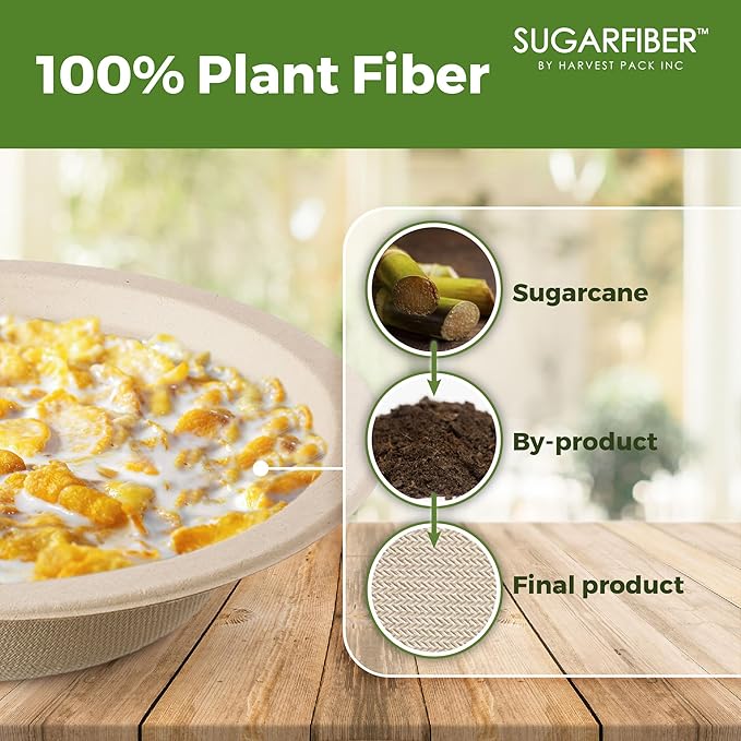 [600 Count] Harvest Pack PFAS Free 12oz Round Compostable Paper Bowls Bulk, Disposable Heavy-Duty Eco-Friendly Bagasse Bowls, Sugarcane Natural Plant fibers for Meal Prep Takeout Dinnerware