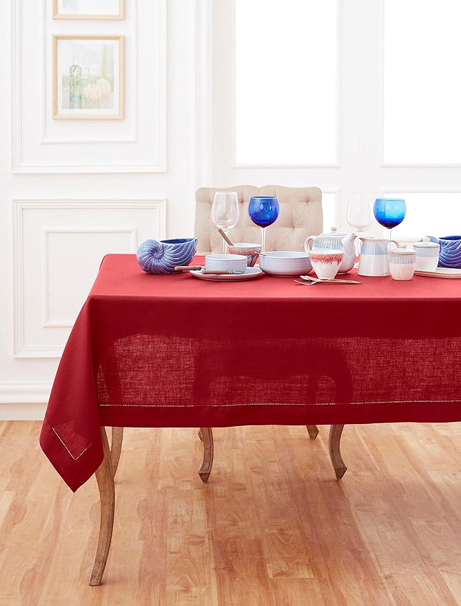 Solino Home Red Linen Tablecloth 60 x 144 Inch - 100% Pure Linen Hemstitch Table Cloth for Rectangle Tables - Classic Hemstitch, Machine Washable Tablecloth for Valentines, Winter