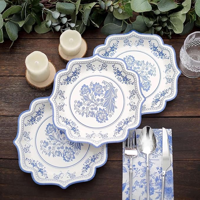 50 Pack 8" Light Blue French Toile Dessert Plates, Disposable Round Paper Floral Pattern Appetizer Salad Plates 300 GSM for Party Decoration