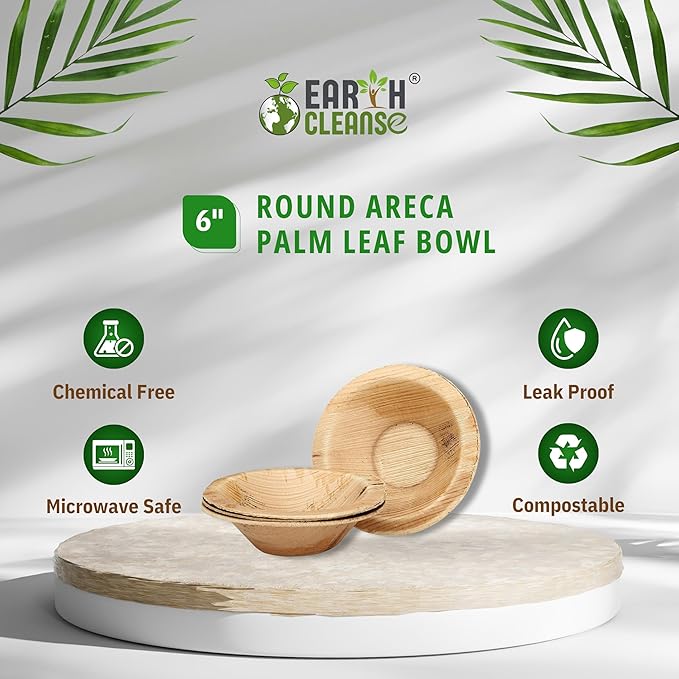 6" Areca Palm Leaf Round Bowls Compostable Biodegradable Eco-Friendly Natural Disposable Bowls, Perfect for Picnic Catering, Dessert, and Wedding (Pack of 100)