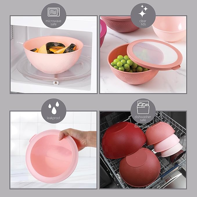 COOK WITH COLOR Mixing Bowls with Lids - 12 Piece Plastic Nesting Bowls Set includes 6 Prep Bowls and 6 Lids, Rhombus Design - Microwave Safe (Rose)