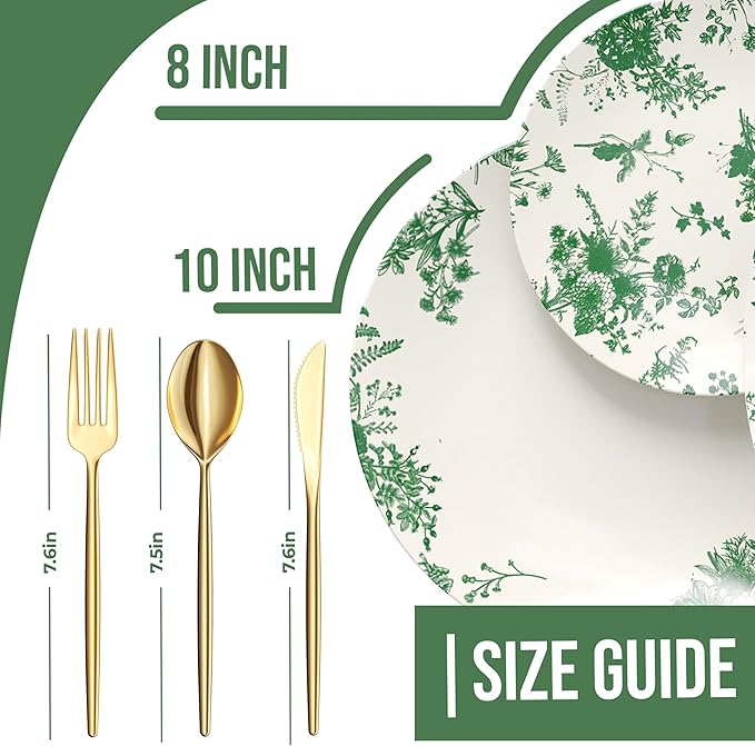 Trendables Fancy Plastic Dinnerware Sets 100 Pc Set 20 Guests Gold Silverware Disposable 20 X 10 Inch Charger Plates 20 X 8 Inch Dessert Plates 20 x Gold Plastic Forks and Spoons Knives In Verdure