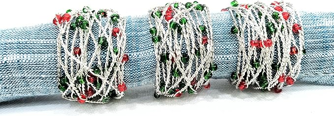 Silver Red Green Beaded Napkin Ring Set of 12 - Beautiful Elegant Decorative Napkin Holder for Christmas/Dinner Table Decoration/Farmhouse/Wedding/Party/Family Gathering/New Year & Everyday Use