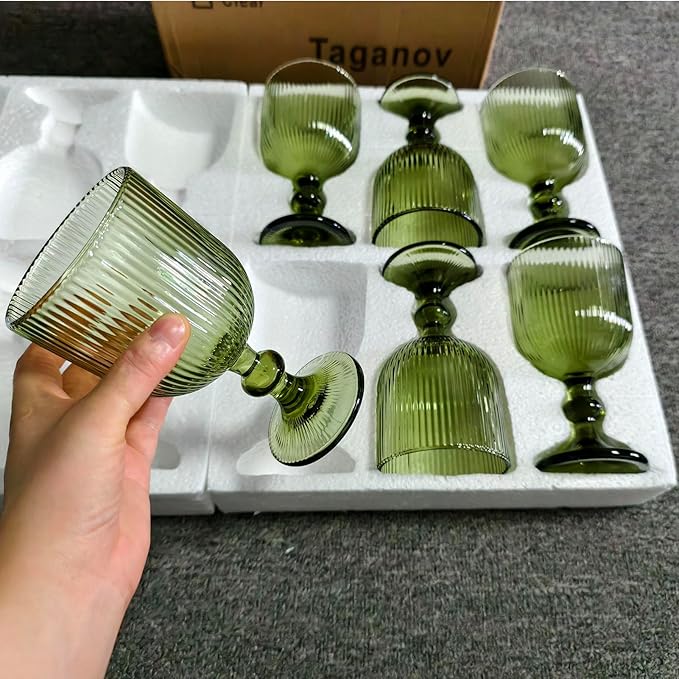 Green Drinking Glasses set of 6 Big Wine Goblets Vintage Colored Glassware 13 oz for Wedding Party Bar Vertical Line Embossed Pattern Stemmed Cups 400ml