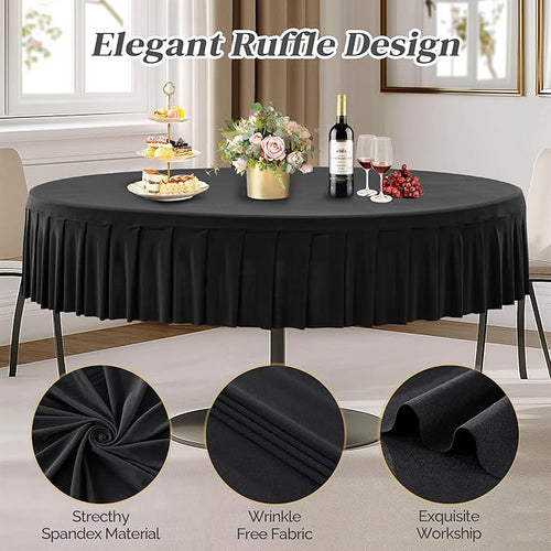 1 Pack Black Spandex Round Tablecloths for 72in Table, Stretchy Fitted 6FT Round Table Cloths, Wrinkle Free Table Cover with Skirt for Wedding Birthday Party Bridal Shower Banquet