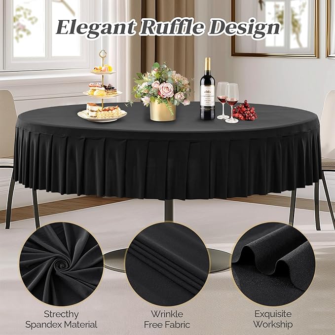 Wish Care 4 Pack Black Spandex Round Tablecloths, 72in, Wrinkle Free, Stretchy Fitted, 6FT Round Table Cloths with Skirt for Wedding, Birthday Party, Banquet