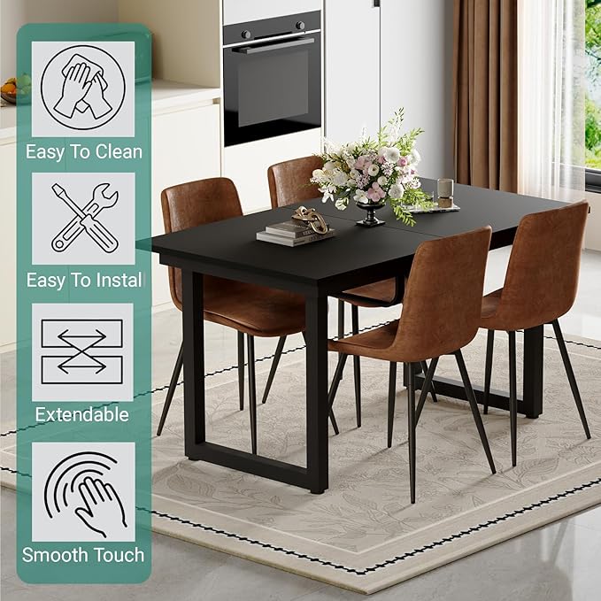 Extendable Dining Table Set for 4, 55"–71" Modern Black Kitchen Table with 4 Upholstered Chairs, Space-Saving for Living Room Apartment, Sturdy & Comfortable, Easy Assembly