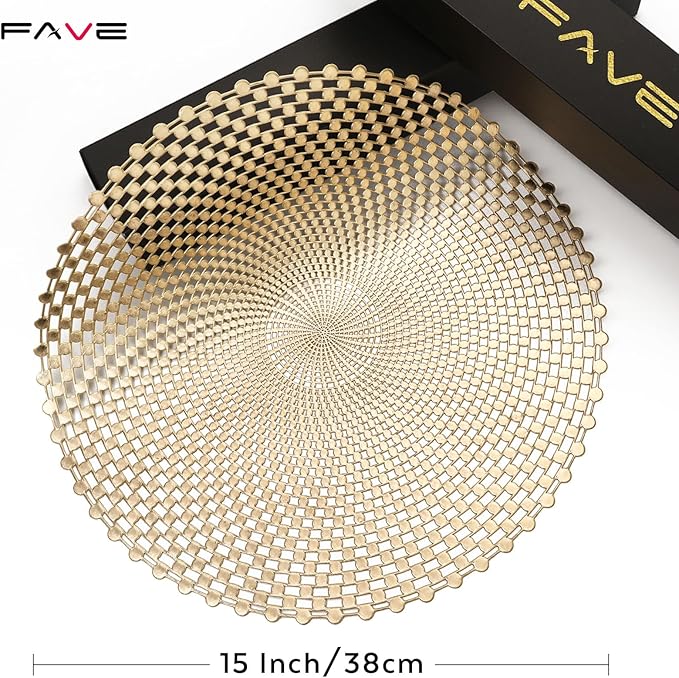 FAVE Set of 12 Round Gold Vinyl Placemats, Luxury Spiral Pattern for Formal Events, Restaurant, Parties, Birthdays (15 Inch,12PCS)