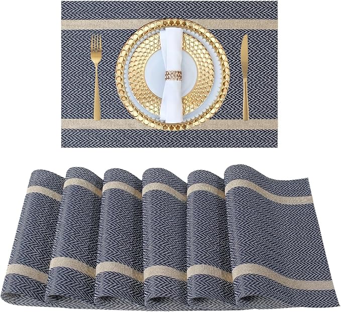 FAVE Placemats Set of 12 Blue Placemats Woven with Golden Thread Durable and Wipeable Vinyl Place Mats Heat Resistant Table Mats Set of 12 for Kitchen Table (Blue, 12"x18"-12PCS)