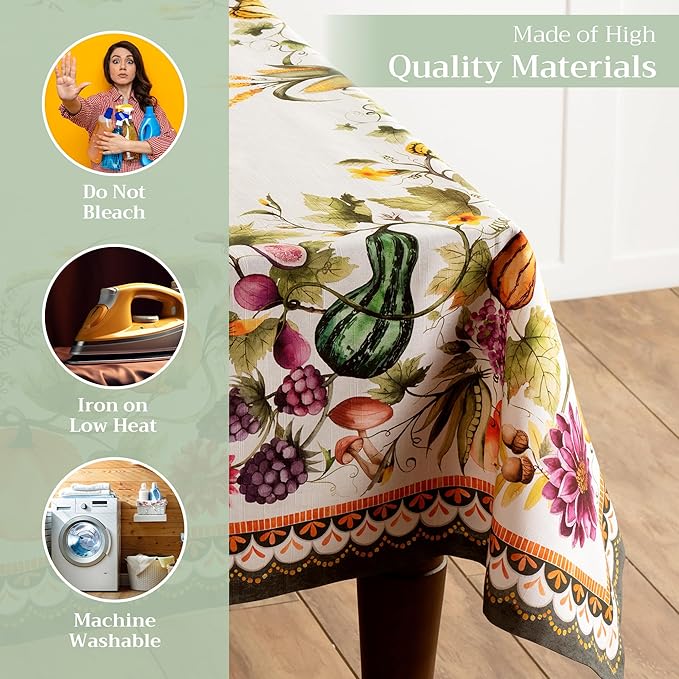 Maison d' Hermine Table Cloth Rectangle Table 100% Cotton 70 x 120 Inches Fall Tablecloth Reusable Everyday Use for Thanksgiving Christmas Decorations Dining Farmhouse (Pumpkin Garden - Cloudy Cream)