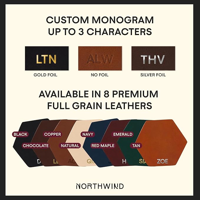 Northwind Personalized Leather Coasters – Set of 4 Full-Grain Leather 4” Hexagon Drink Coasters with Custom Engraved Monogram Initials – Stylish Home Décor for Weddings and Holidays