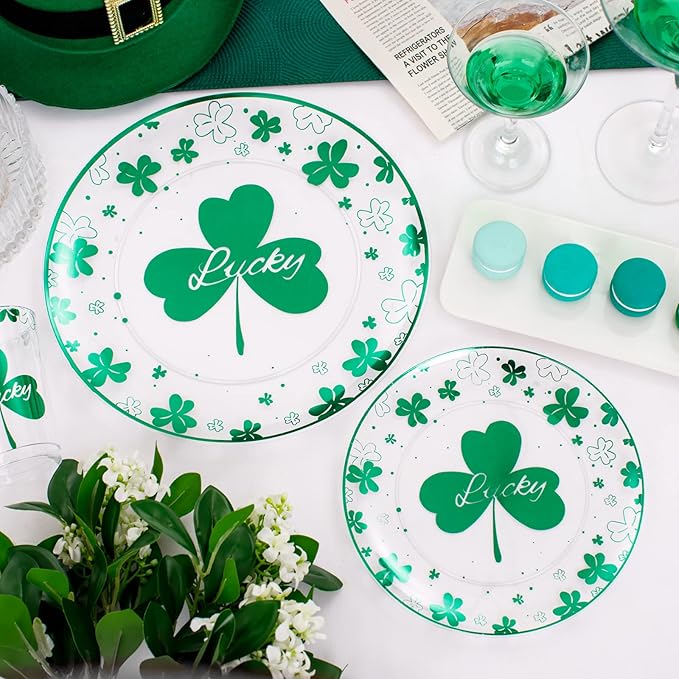 U-QE 60PCS St Patricks Day Plates - Clear and Green Disposable Plates - Premium Hard Green Plastic Plate Including 30 Dinner Plate 10.25'' & 30 Dessert Plate 7.5 '' Perfect for St. Patrick’s Day