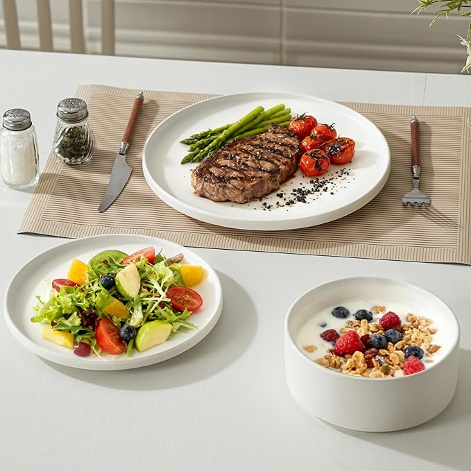 6 Piece Ceramic Dinnerware Set for 2, Modern Minimalist Stoneware Dinner Plates and Bowls, Microwave Safe, Dishwasher Safe, Versatile for All Seasons, Matte White