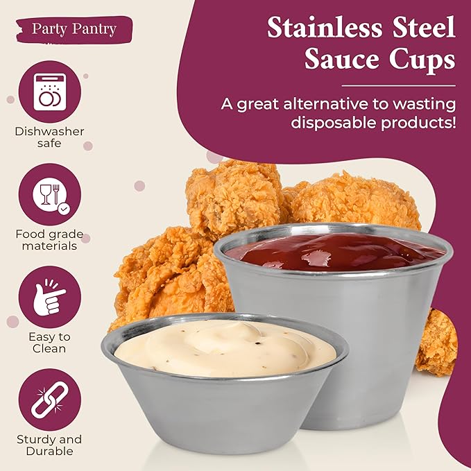 24 pcs Stainless Steel Condiment Small Sauce Cups - Round Ramekin Dipping Ramiken, Commercial Grade Metal Condiment for Ketchup, Soy Sauce, Vinegar, Butter