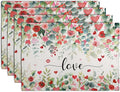 Valentines Day Love Heart Rose Placemats Set of 4 Valentine Eucalyptus Leaves Linen Table Mats Heat 12x18 Inch Spring Resistant Washable Table Mats for Kitchen Dining Decoration