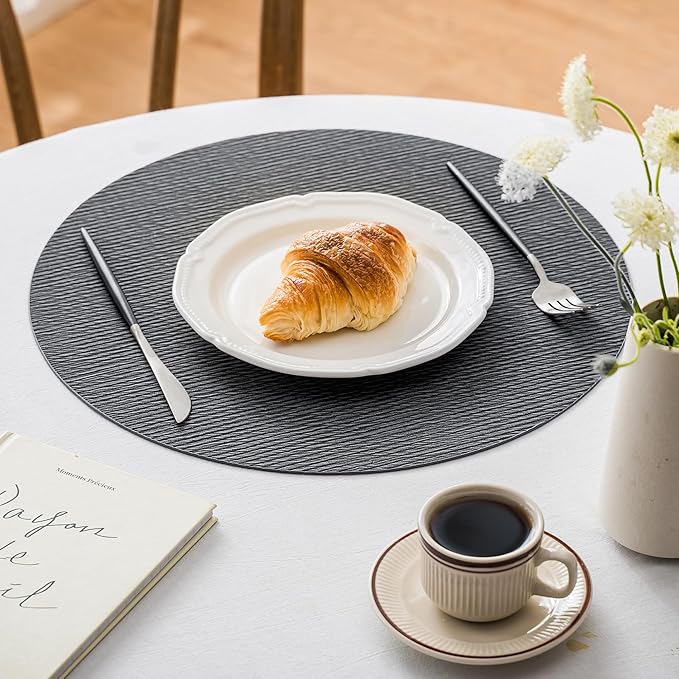 Jovono 15" Faux Leather Big Round Placemats Set of 6 - Washable Heat Resistant Non-Slip Dining Table Mats with Fabric Texture for Kitchen Home Party Decor, Gray
